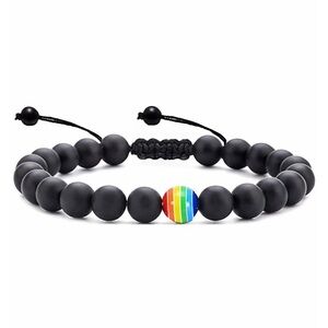 Black Matte Beaded Bracelet | Rainbow Accent | Adjustable Unisex Stackable